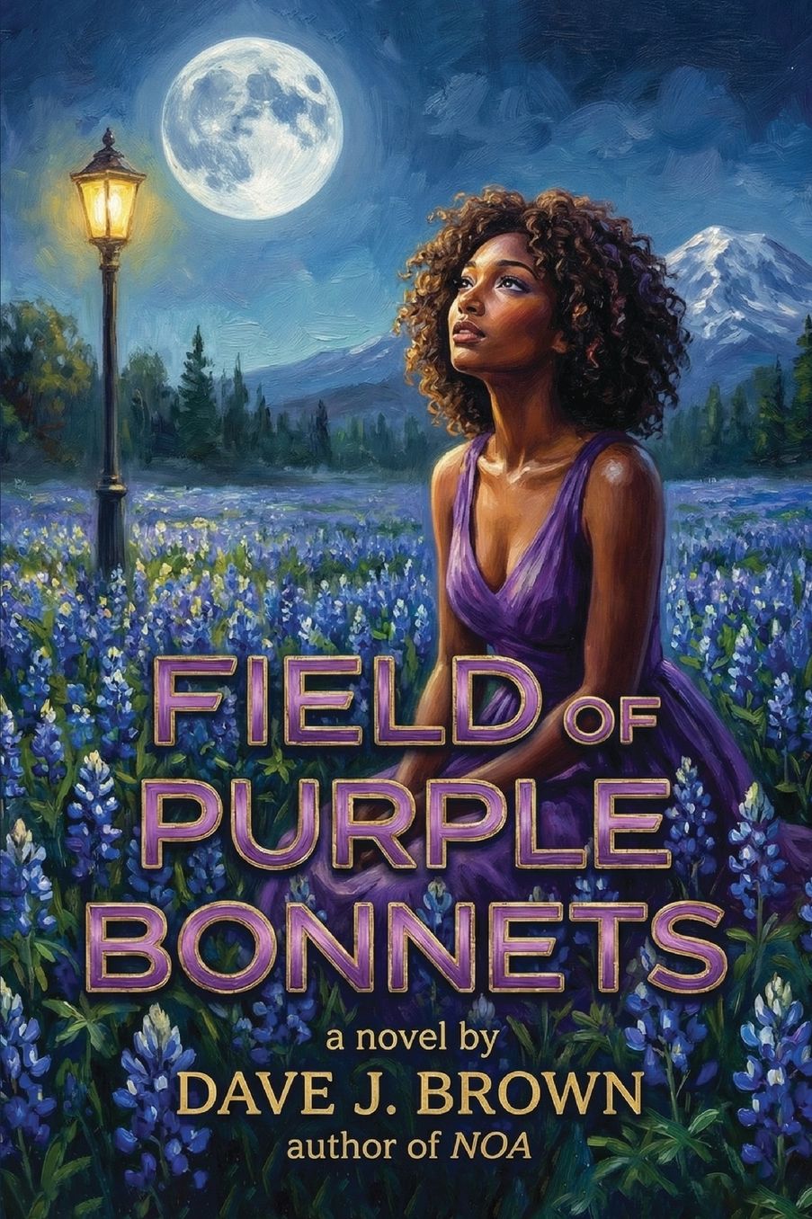 Field of Purple Bonnets cover — a woman in a purple dress in a moonlit field of bluebonnets
